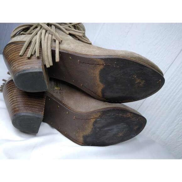 Sam Edelman WOMEN'S Size 7 US Tan Suede Louie Fringe Ankle Boots Stacked Heel - Picture 7 of 12